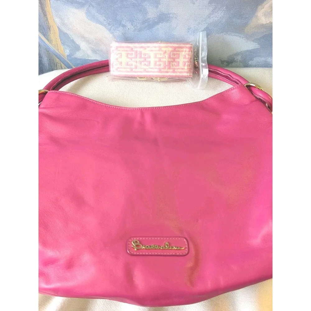 New! Braccialini Italian Leather Embellished Handbag In Fushia